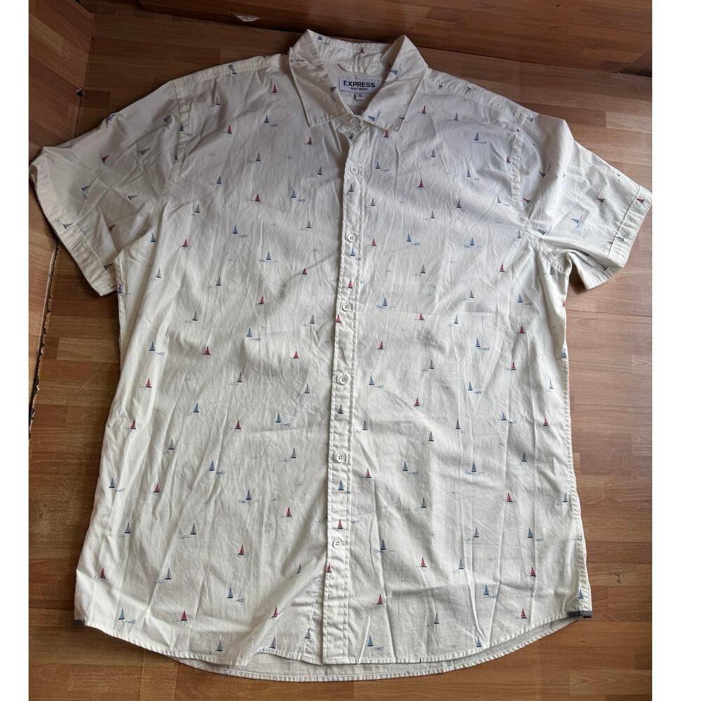 Express "Soft Wash" Short-Sleeve Sailboat Print Button-Down Shirt, XL